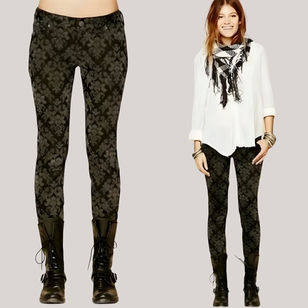 Rare Free People 31 Flocked Damask Skinny Pants | Black Floral Textured Jeans